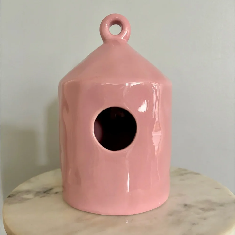 Kathy Diep Pink Ceramic Birdhouse Glossy Modern Cottagecore Decor OS